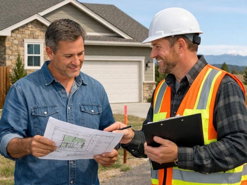 Homeowner reviewing property plans with a licensed surveyor while discussing boundary survey price for a residential property 