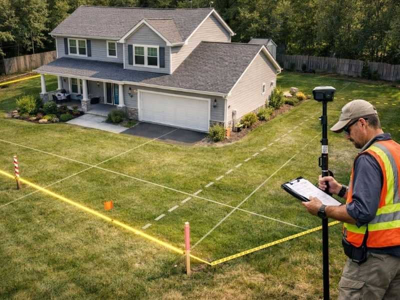Licensed surveyor mapping property boundaries around a home, showing how understanding home survey cost helps buyers avoid easements and encroachments