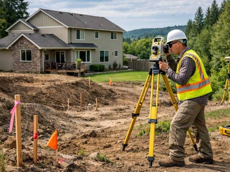 Licensed land surveyor performing fieldwork on a residential property, illustrating the factors that influence land survey cost 