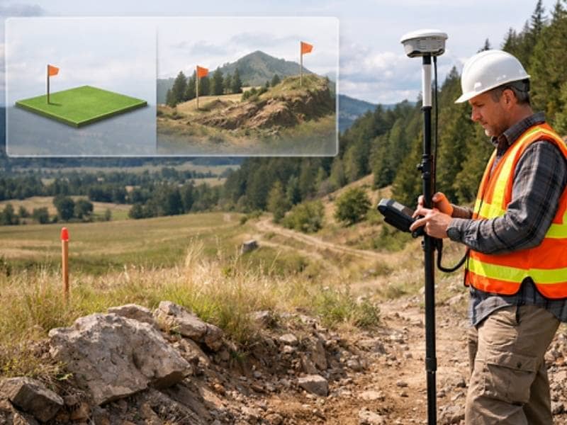 Surveyor using GPS equipment on uneven terrain, showing how property survey cost can vary depending on land conditions and property complexity