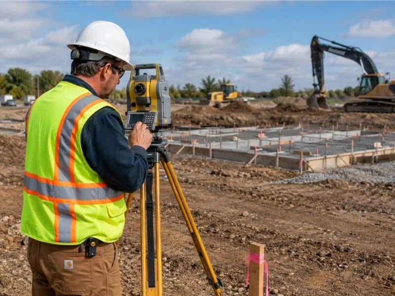 construction surveyor using robotic total station for building layout in colorado springs colorado