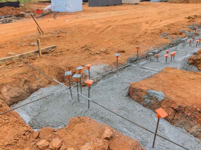 Construction staking for foundation layout with survey stakes and string lines in Colorado Springs Colorado